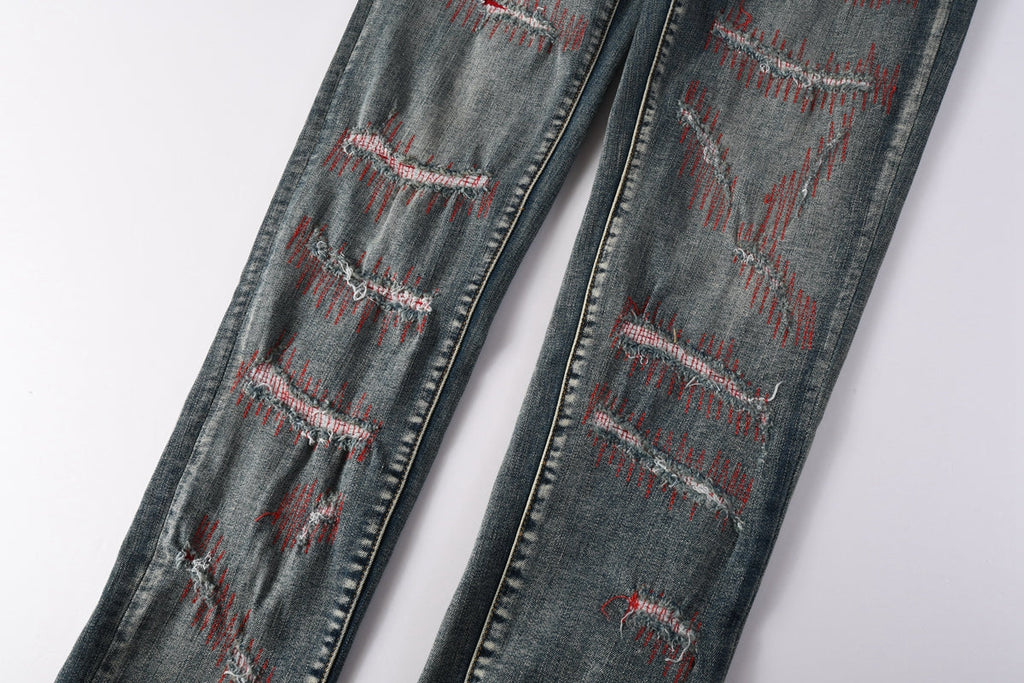 Distressed Red Stitch Slim Jeans - Front and Back View