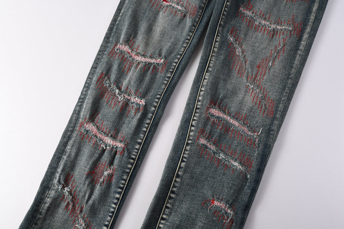 Distressed Red Stitch Slim Jeans - Front and Back View