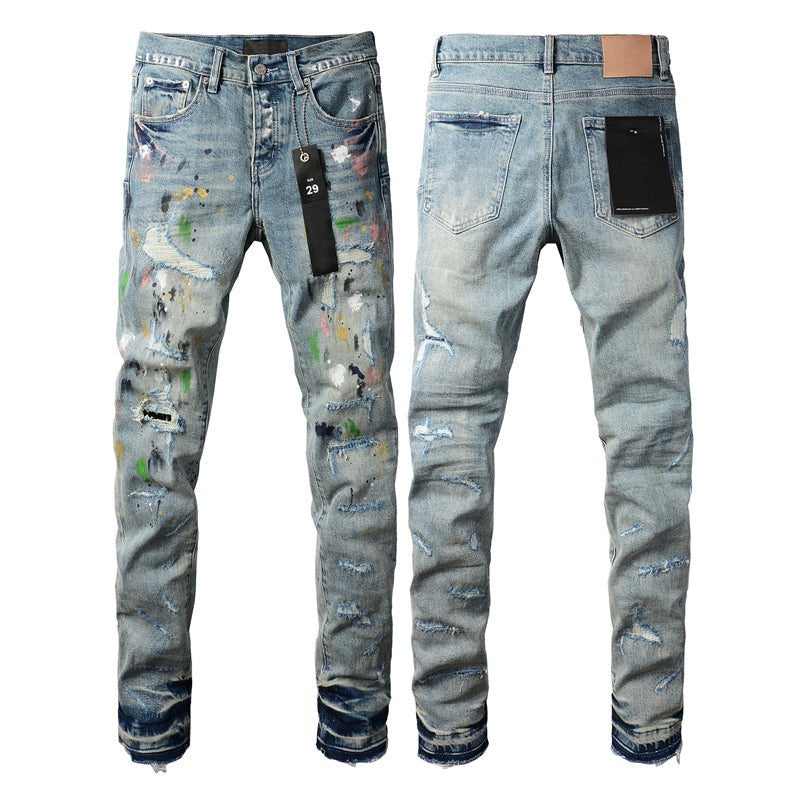 Purple Brand paint splatter jeans front and back view