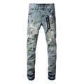 Purple Brand paint splatter jeans front view with hang tag
