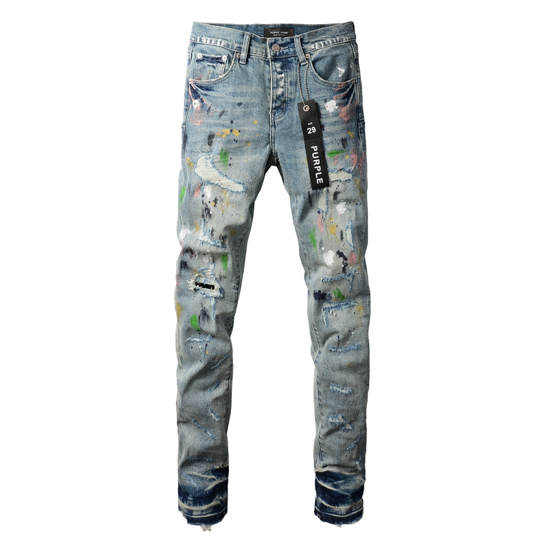 Purple Brand paint splatter jeans front view with hang tag