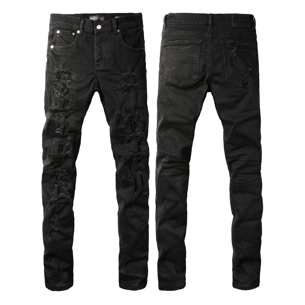 Purple Brand black distressed jeans front and back view