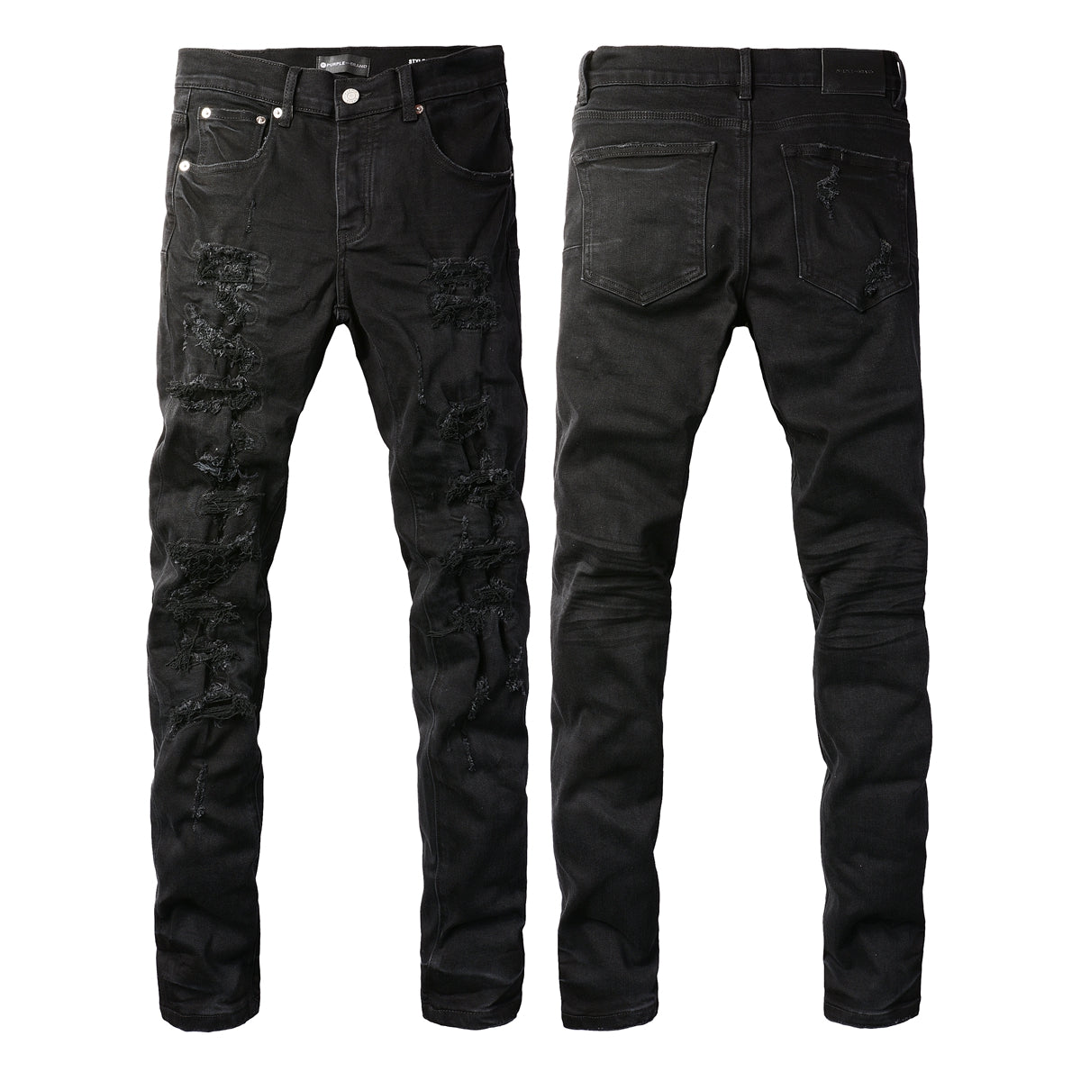 Purple Brand black distressed jeans front and back view