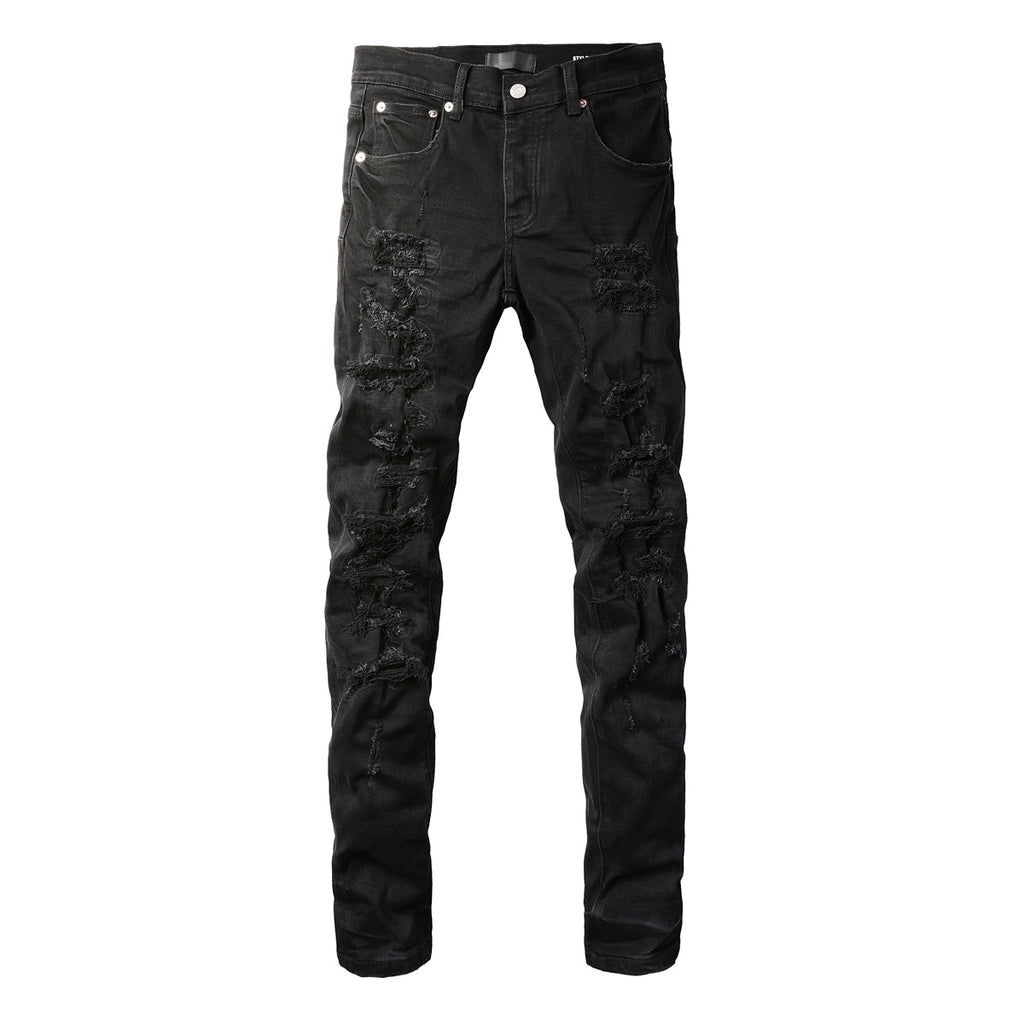 Purple Brand black distressed jeans front view