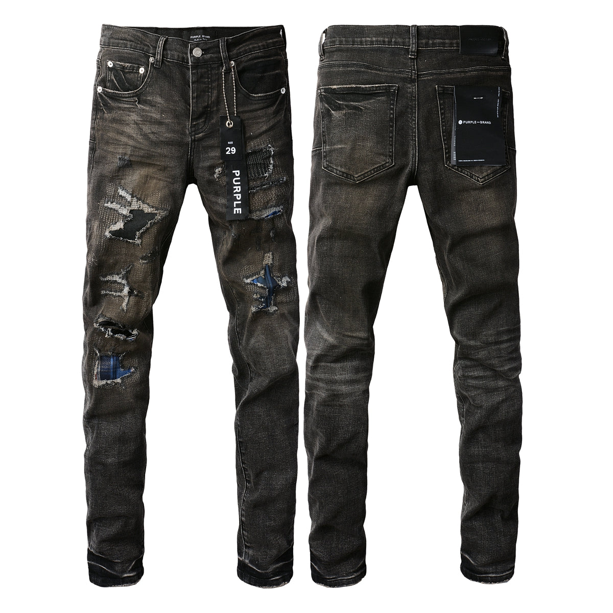 Purple Brand distressed jeans front and back view