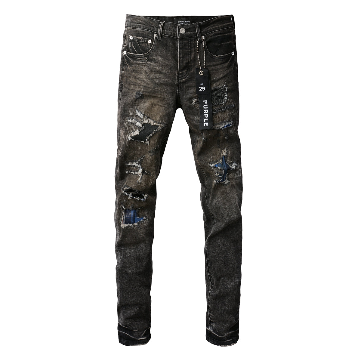 Purple Brand distressed jeans front view with hang tag