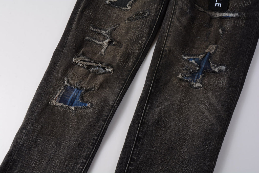 Purple Brand jeans knee distressing and patchwork detail