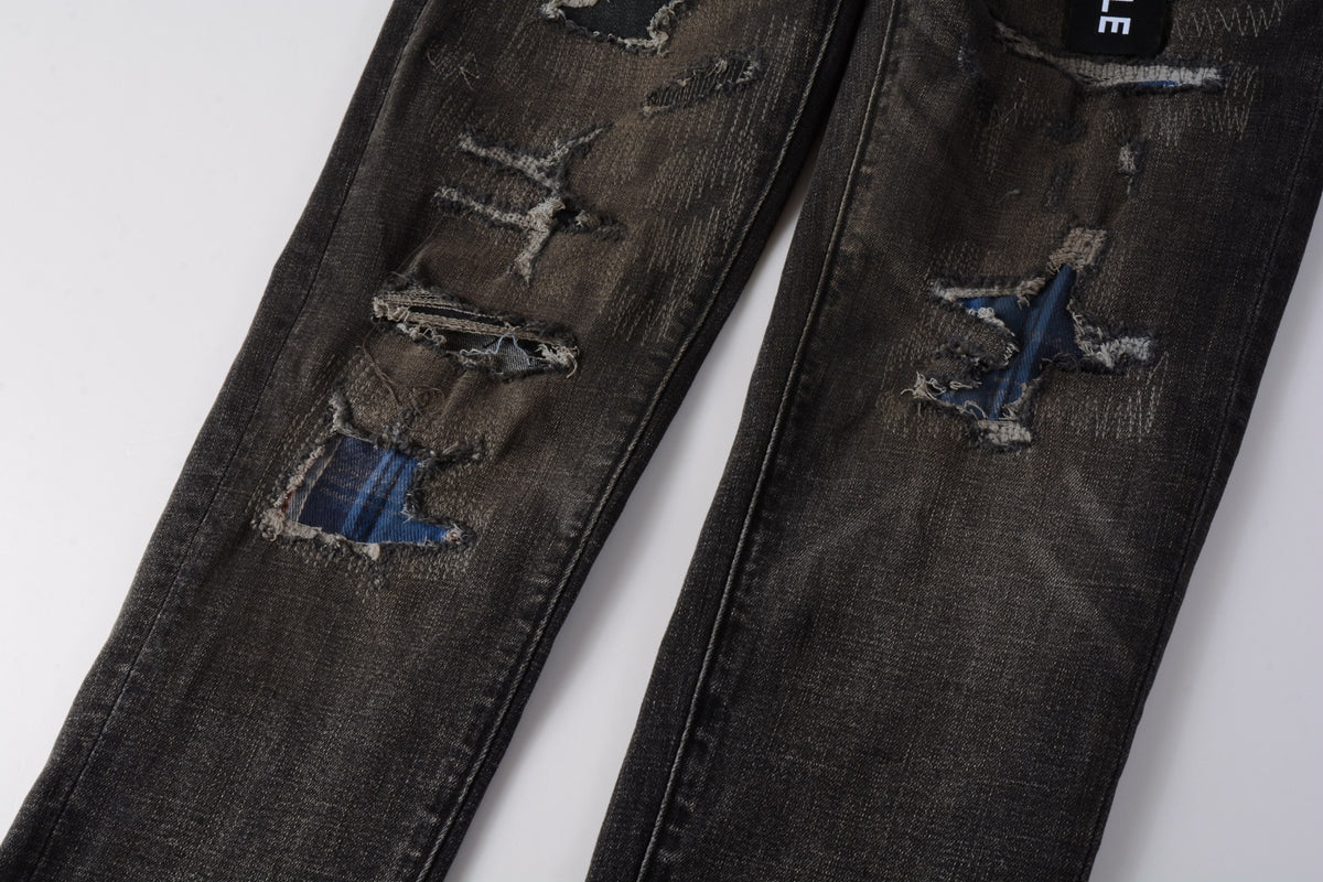 Purple Brand jeans knee distressing and patchwork detail