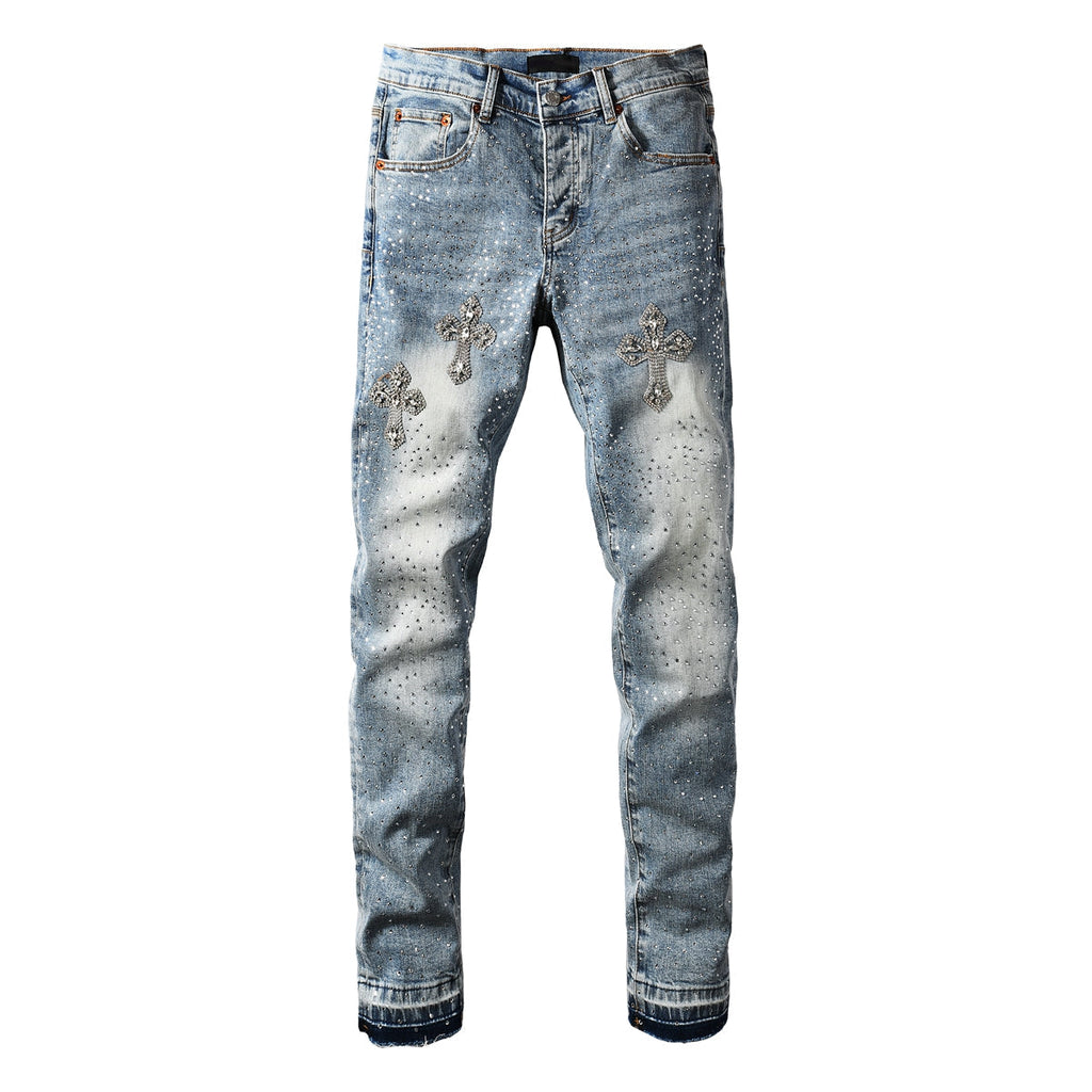 Crystal Cross Rhinestone Jeans - Front and back view
