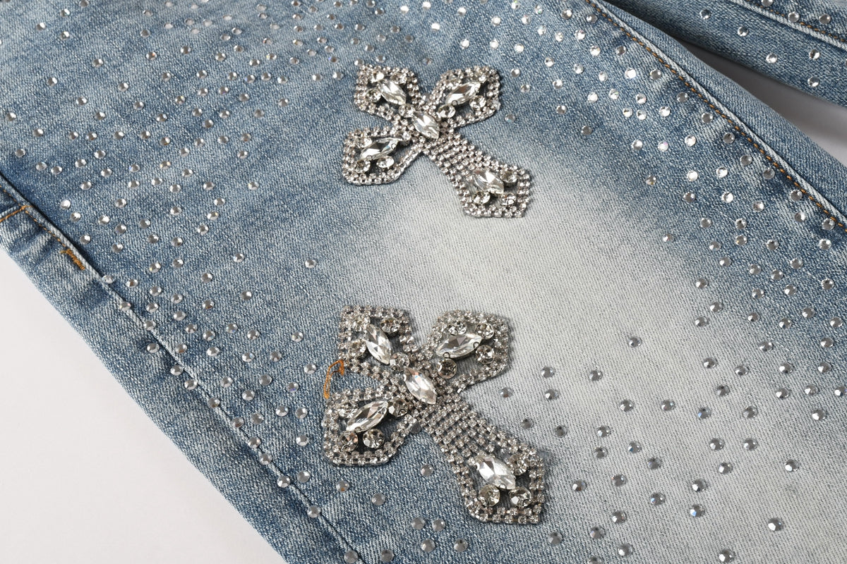 Crystal Cross Rhinestone Jeans - Front view