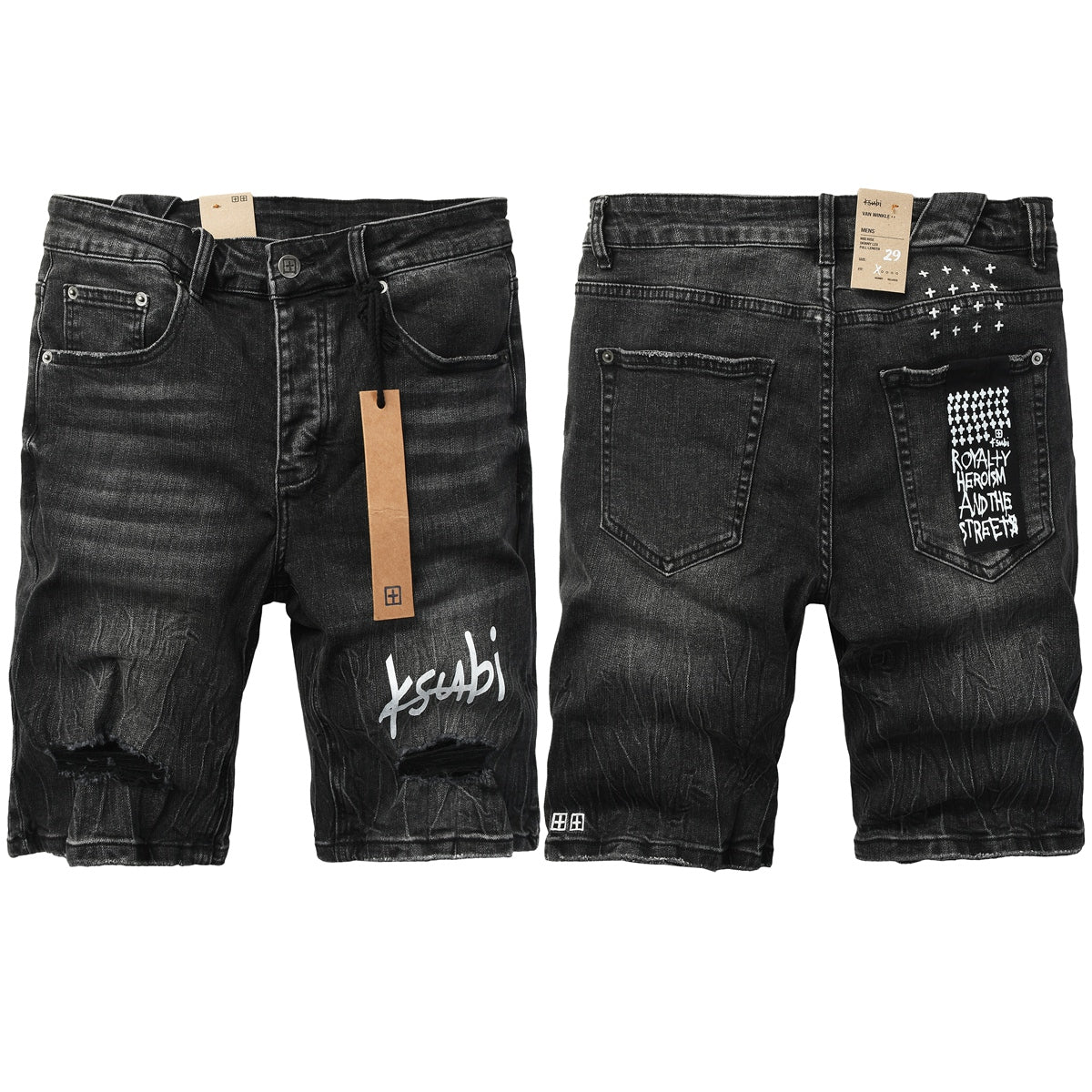 Ksubi black denim shorts leg detail with script logo