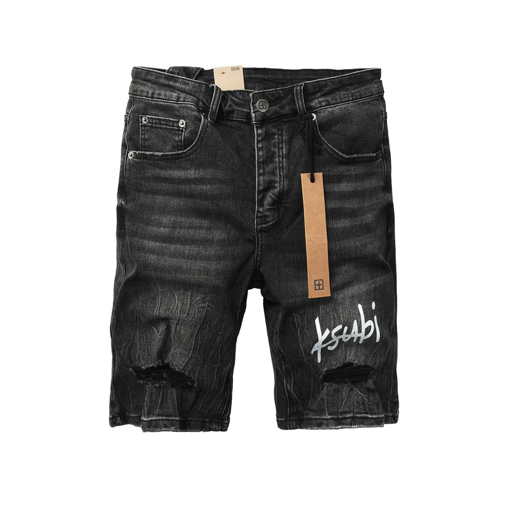 Ksubi black denim shorts front view with tag
