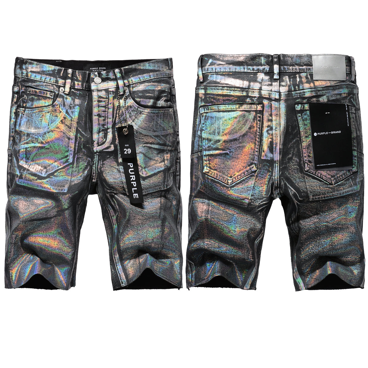 Purple Brand holographic denim shorts back detail with tag
