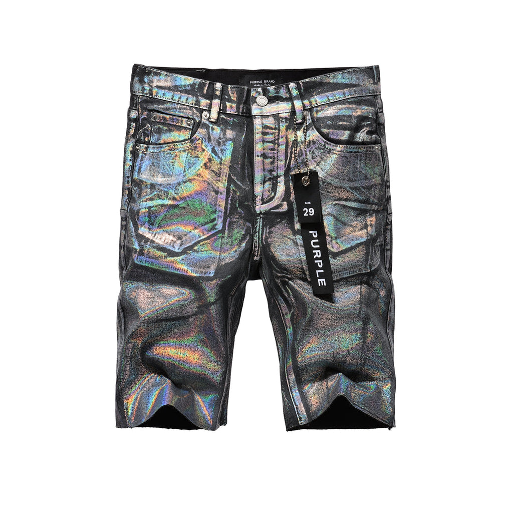 Purple Brand holographic denim shorts front and back view