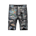 Purple Brand holographic denim shorts front and back view