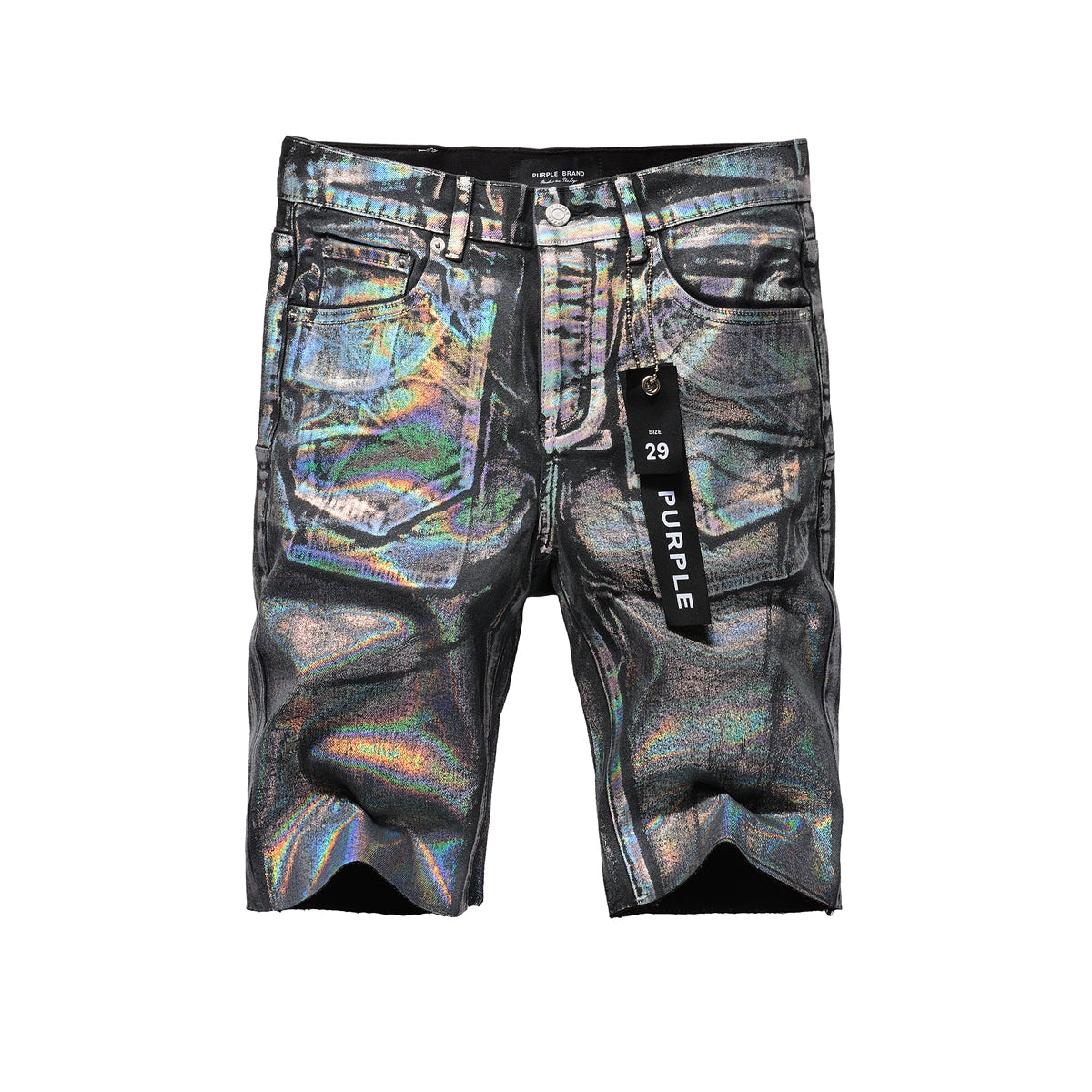 Purple Brand holographic denim shorts front and back view
