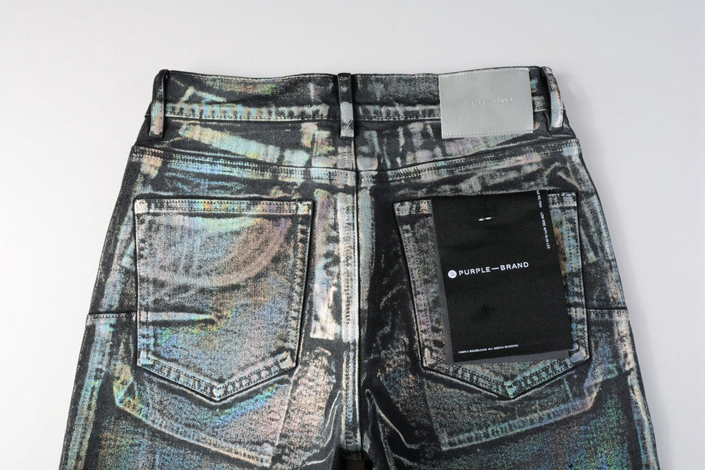 Purple Brand holographic denim shorts back pocket close-up