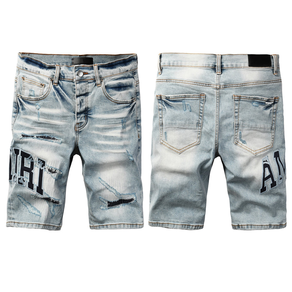 AMIRI Distressed Varsity Patch Denim Shorts - Front and Back