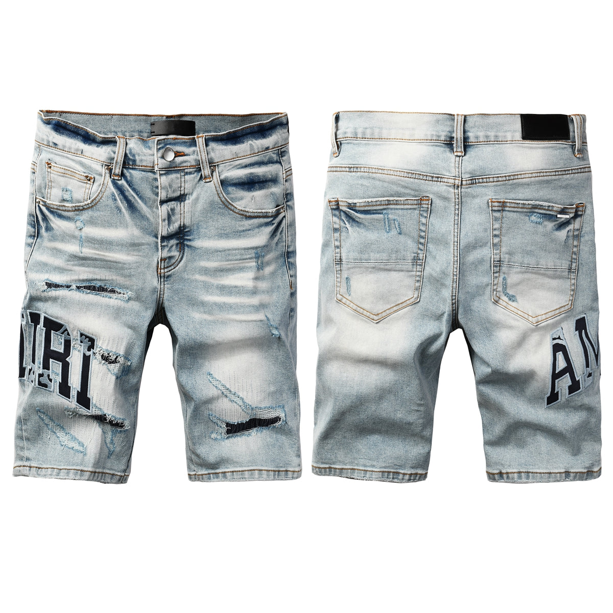 AMIRI Distressed Varsity Patch Denim Shorts - Front and Back