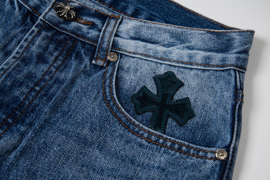 Chrome Hearts x Levi's Cross Patch Jeans - Detail view of cross patch and hardware