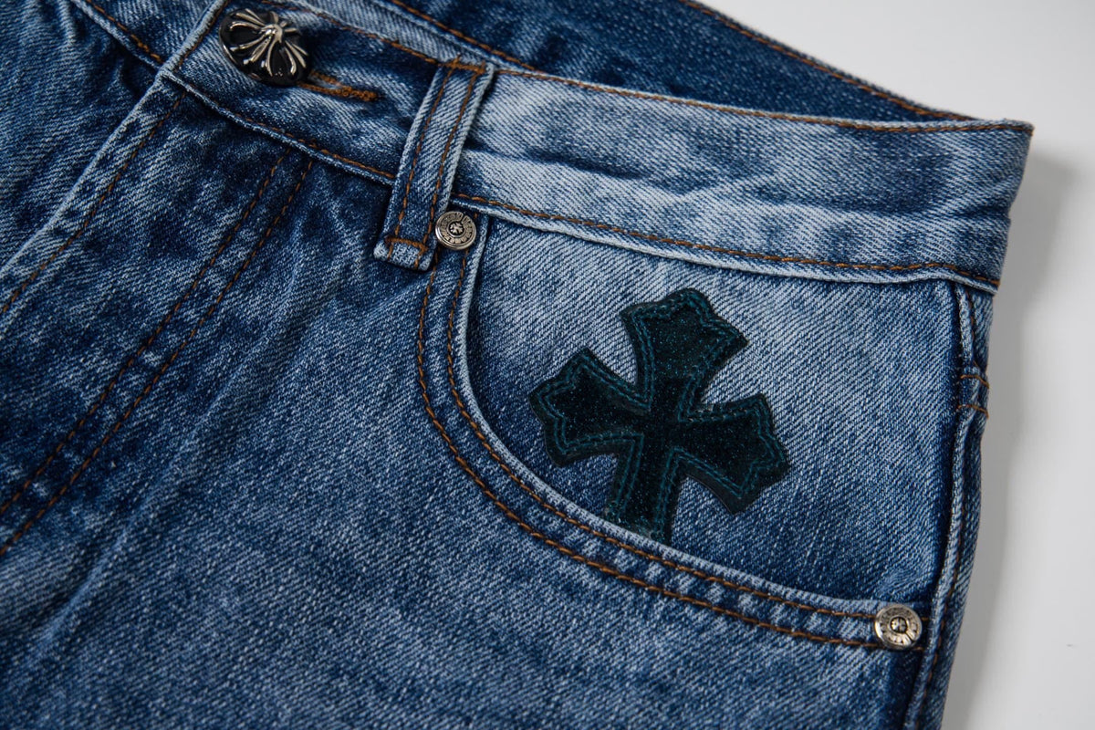Chrome Hearts x Levi's Cross Patch Jeans - Detail view of cross patch and hardware