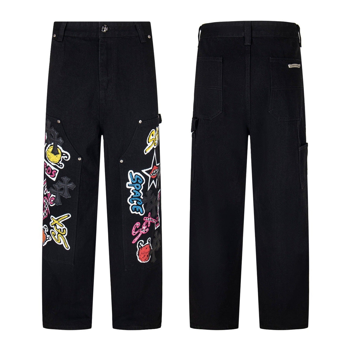 Chrome Hearts x Space Records Graffiti Carpenter Pants - Front and back view
