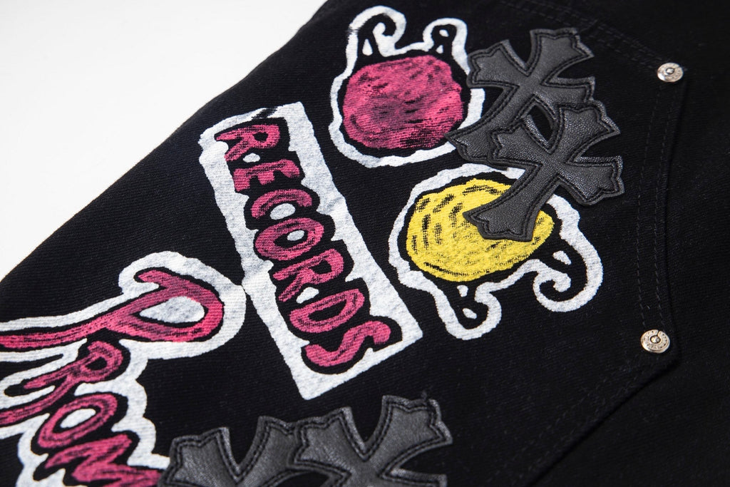 Chrome Hearts x Space Records Graffiti Carpenter Pants - Detail shot of embroidered patches