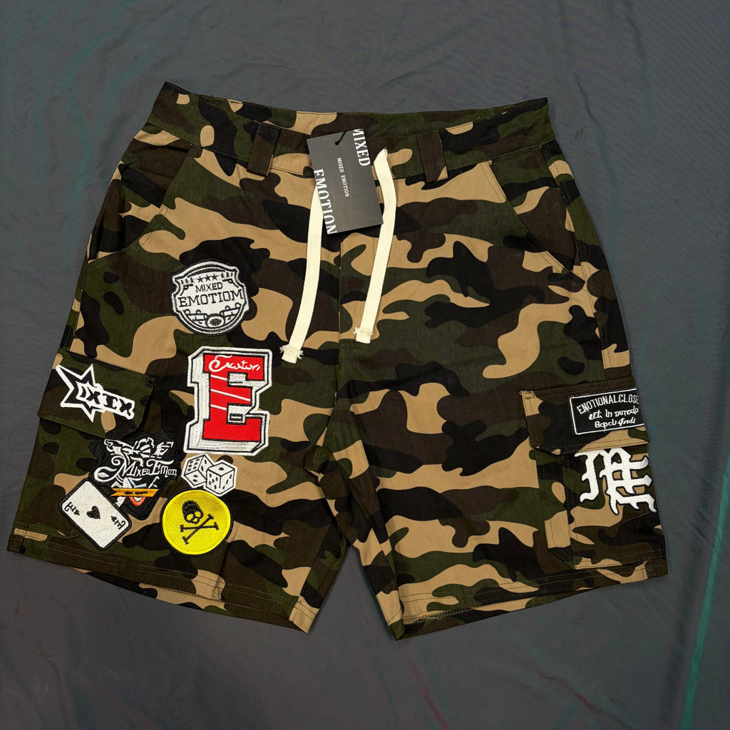 Mixed Emotion Camo Patch Cargo Shorts - front flat lay with tag