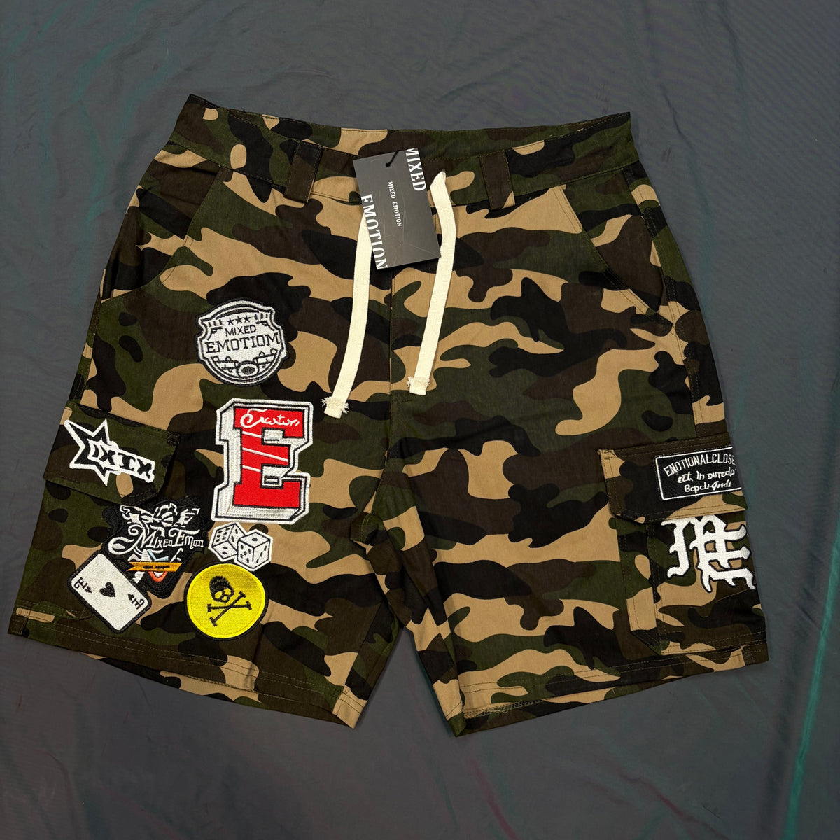 Mixed Emotion Camo Patch Cargo Shorts - front flat lay with tag