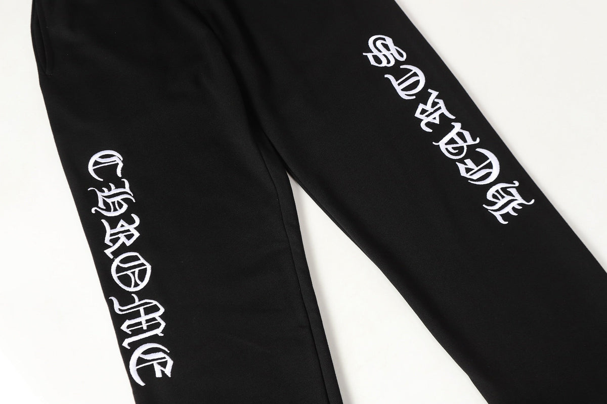 Chrome Hearts sweatpants leg detail with Old English embroidery