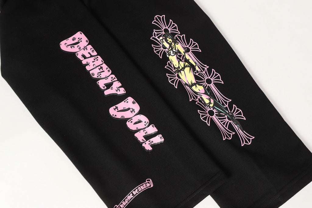 Chrome Hearts Deadly Doll pink lettering and cross graphic close-up