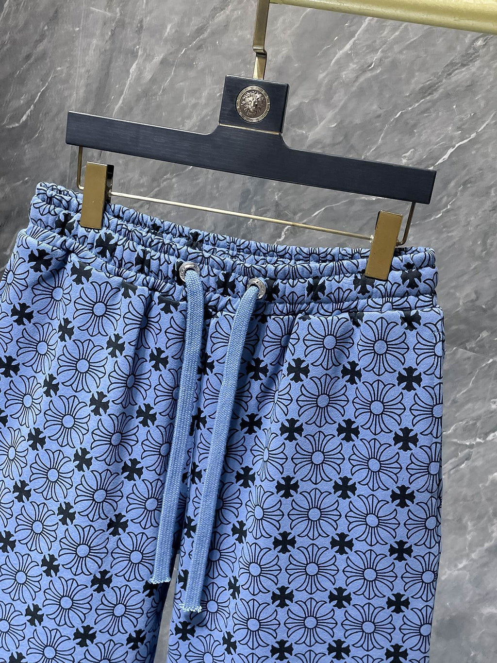 Chrome Hearts floral cross monogram shorts front view on hanger