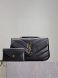 Saint Laurent Loulou bag front view with gold hardware and envelope card holder
