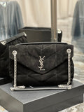 Saint Laurent Loulou Puffer bag front view in black suede with silver hardware