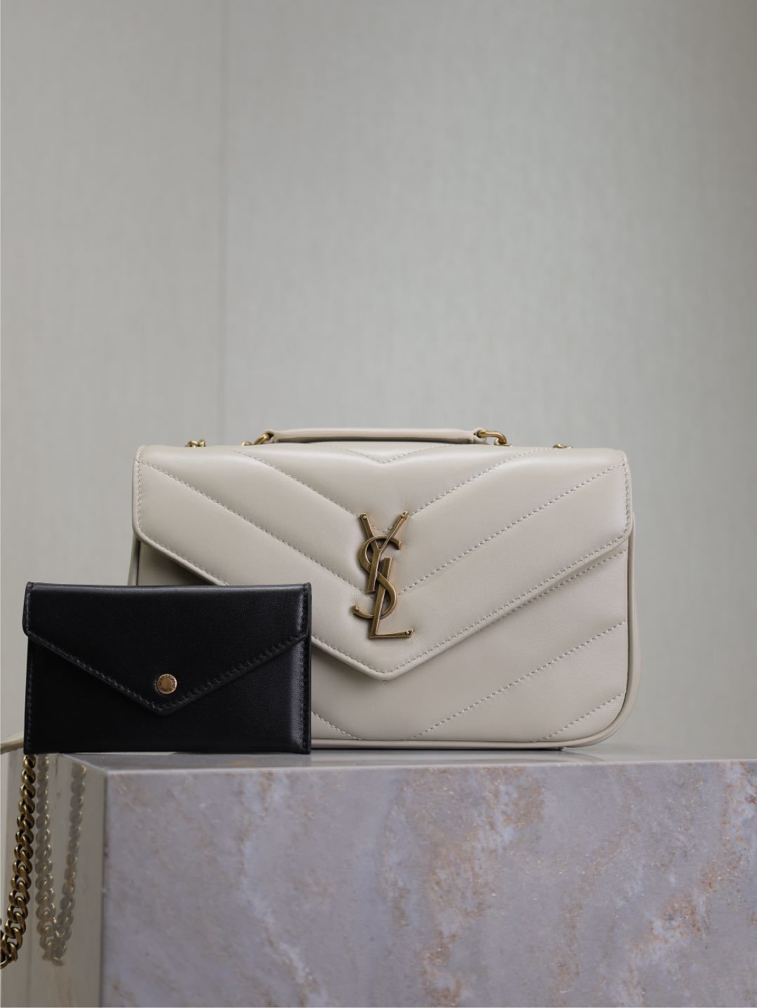 Saint Laurent Loulou Small Chain Bag in White Matelassé Leather