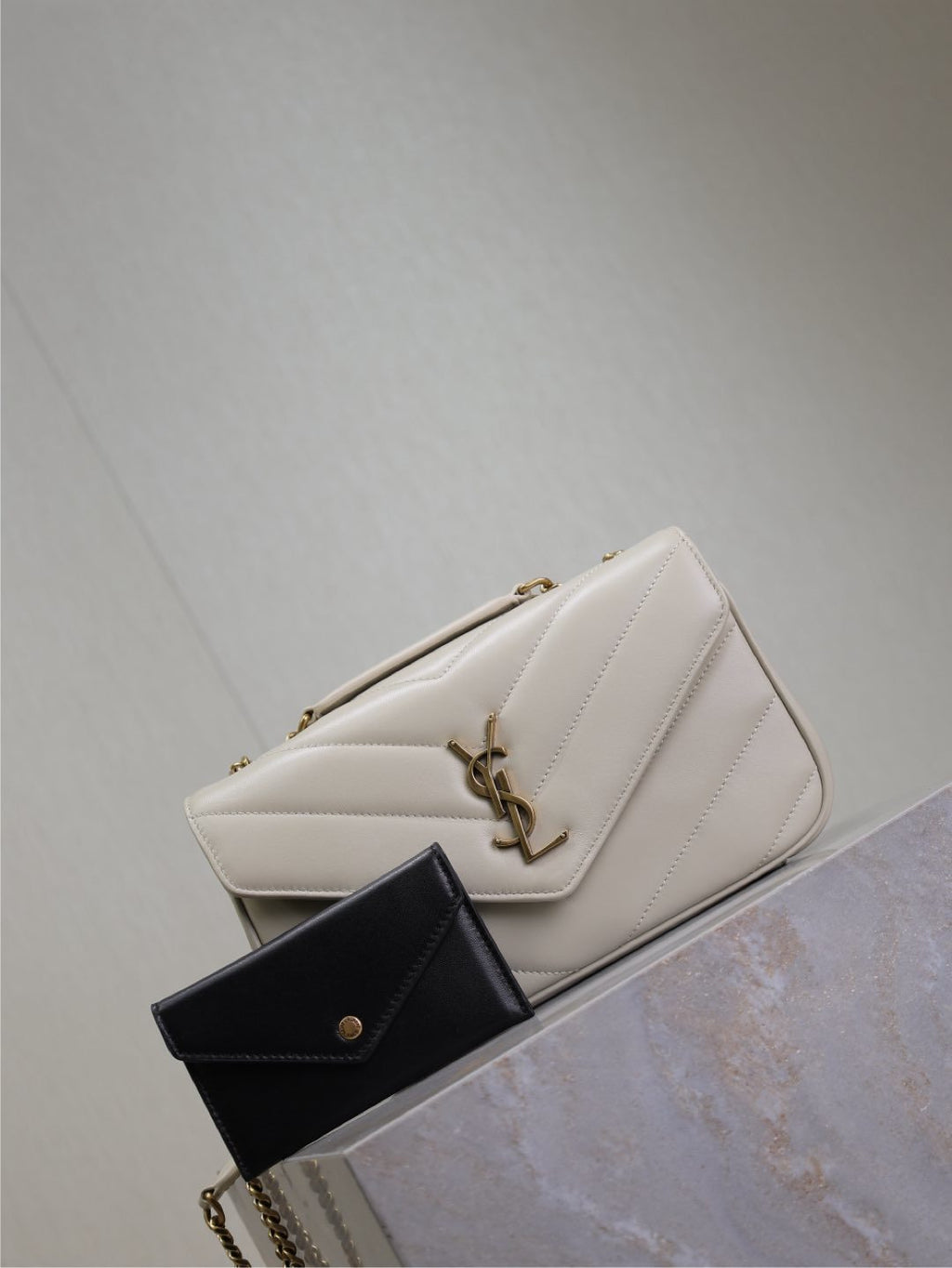 Saint Laurent Loulou Small Chain Bag in White Matelassé Leather