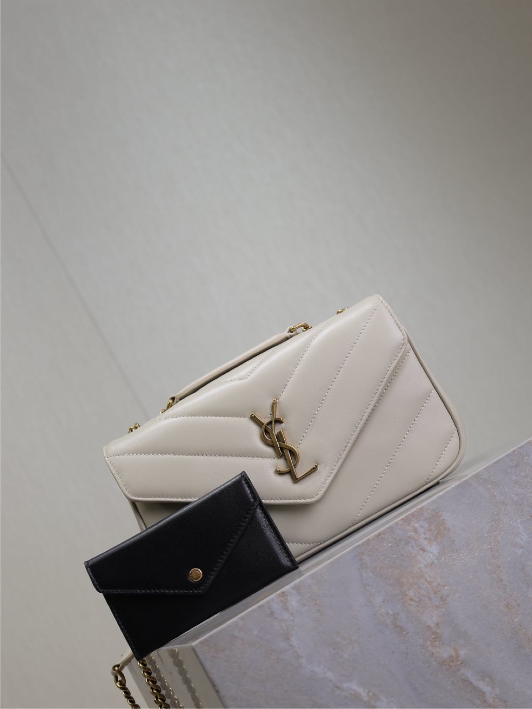 Saint Laurent Loulou Small Chain Bag in White Matelassé Leather