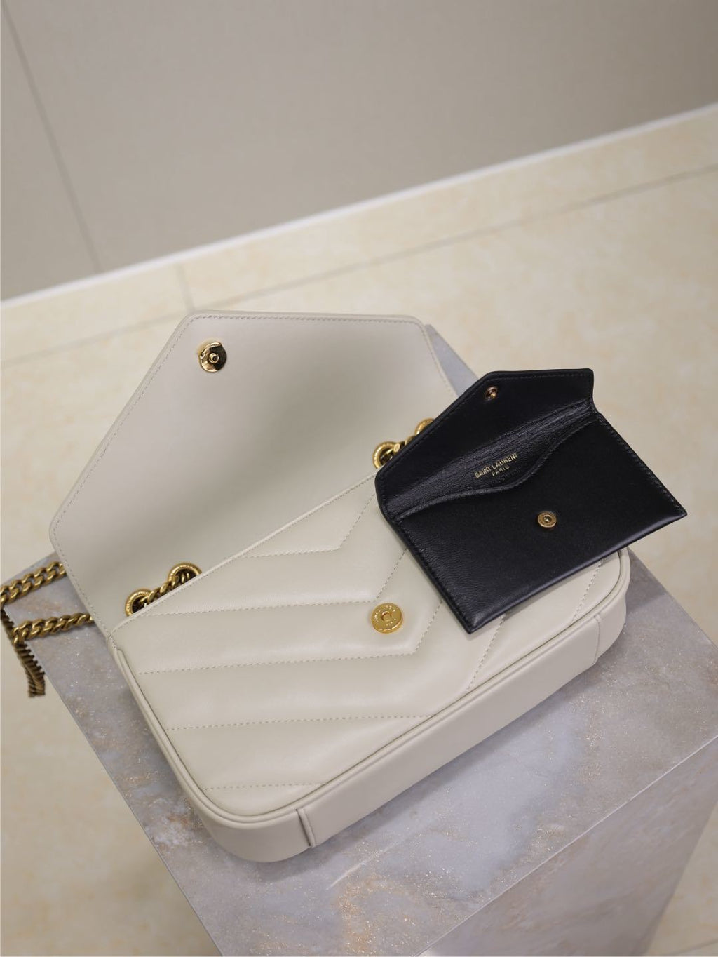 Saint Laurent Loulou Small Chain Bag in White Matelassé Leather