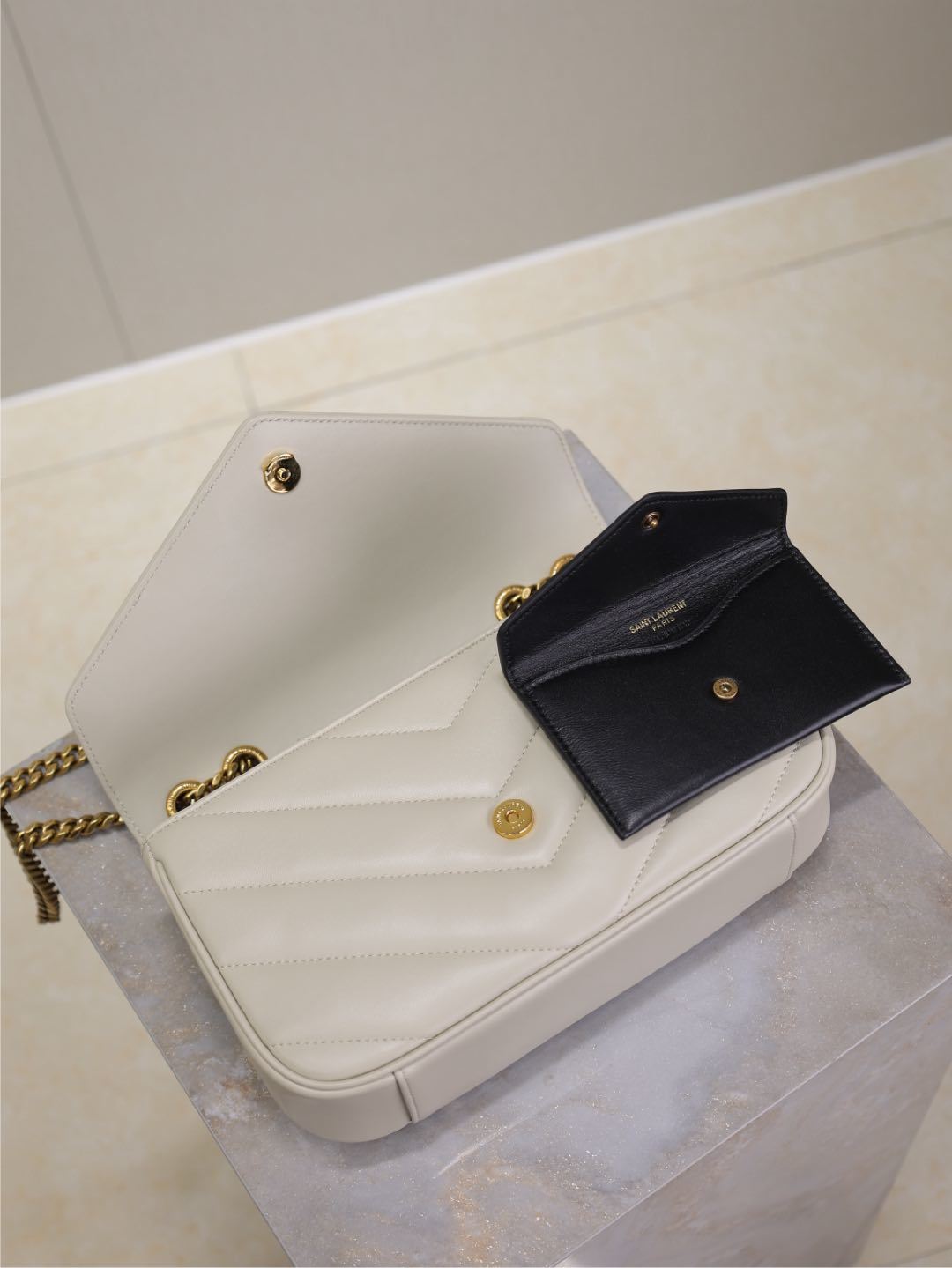 Saint Laurent Loulou Small Chain Bag in White Matelassé Leather
