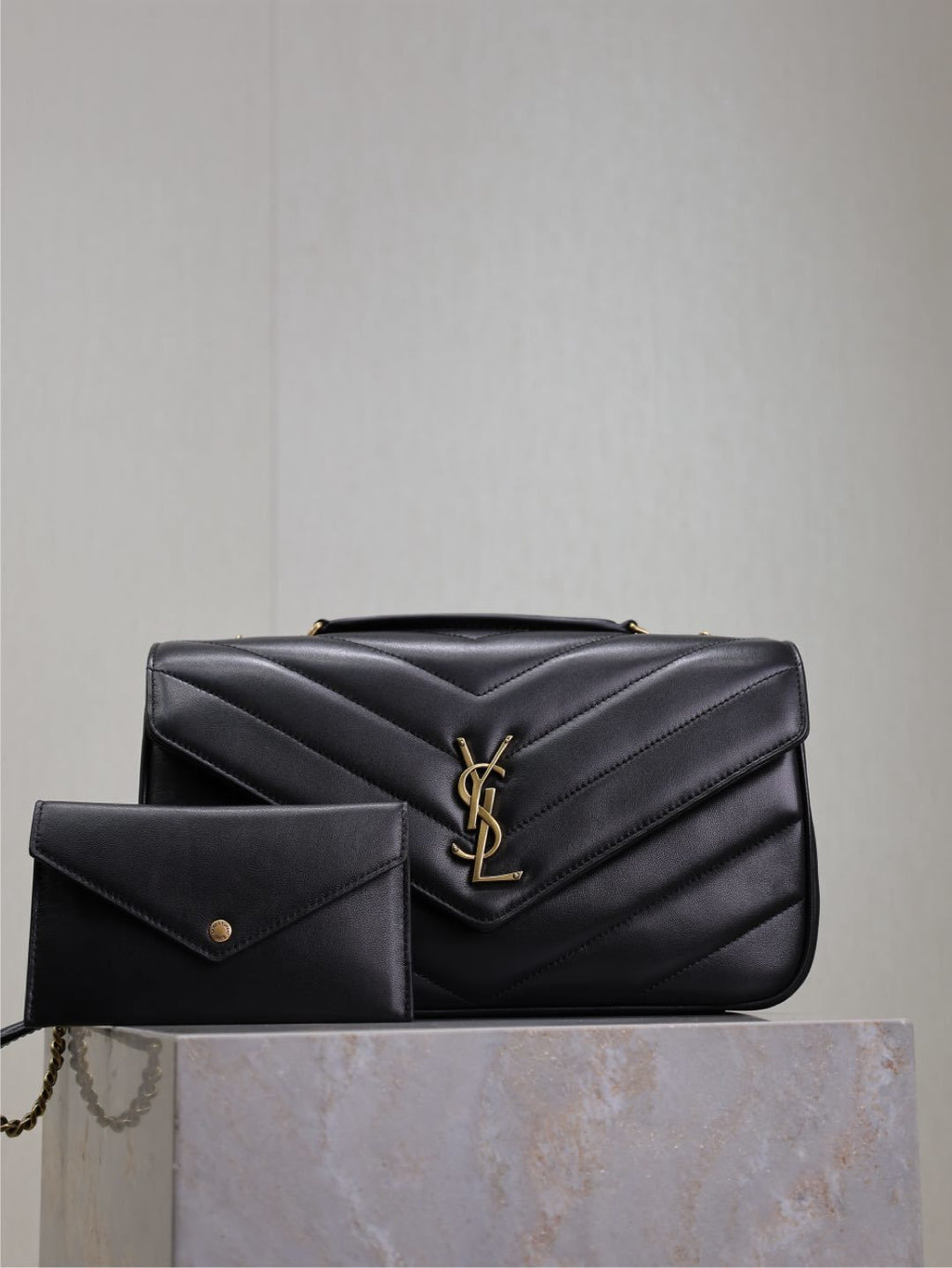 Saint Laurent College Medium Bag Black – back view with chain strap and envelope pouch