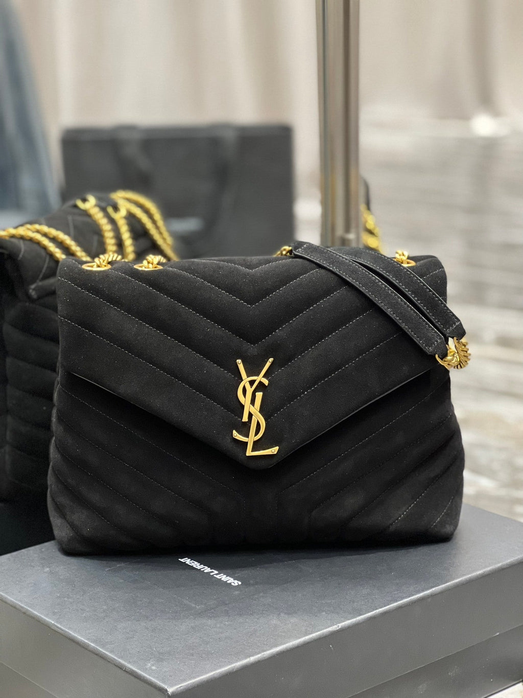 Saint Laurent College Medium Bag Black Suede – front on Saint Laurent box