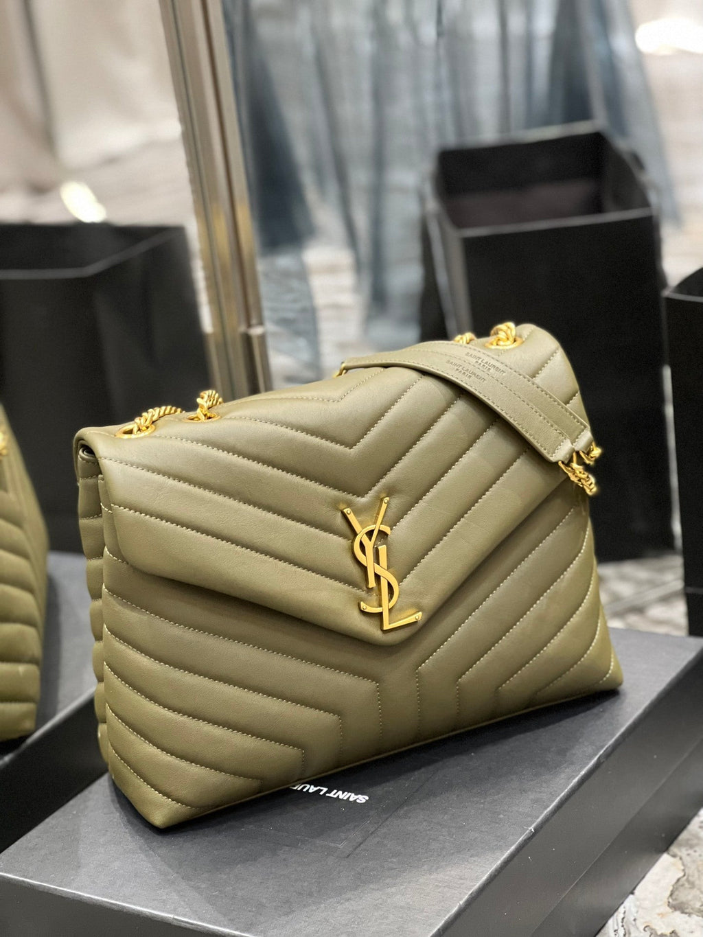 Saint Laurent LouLou Medium Bag Khaki – Back View showing Y-Quilt Pattern