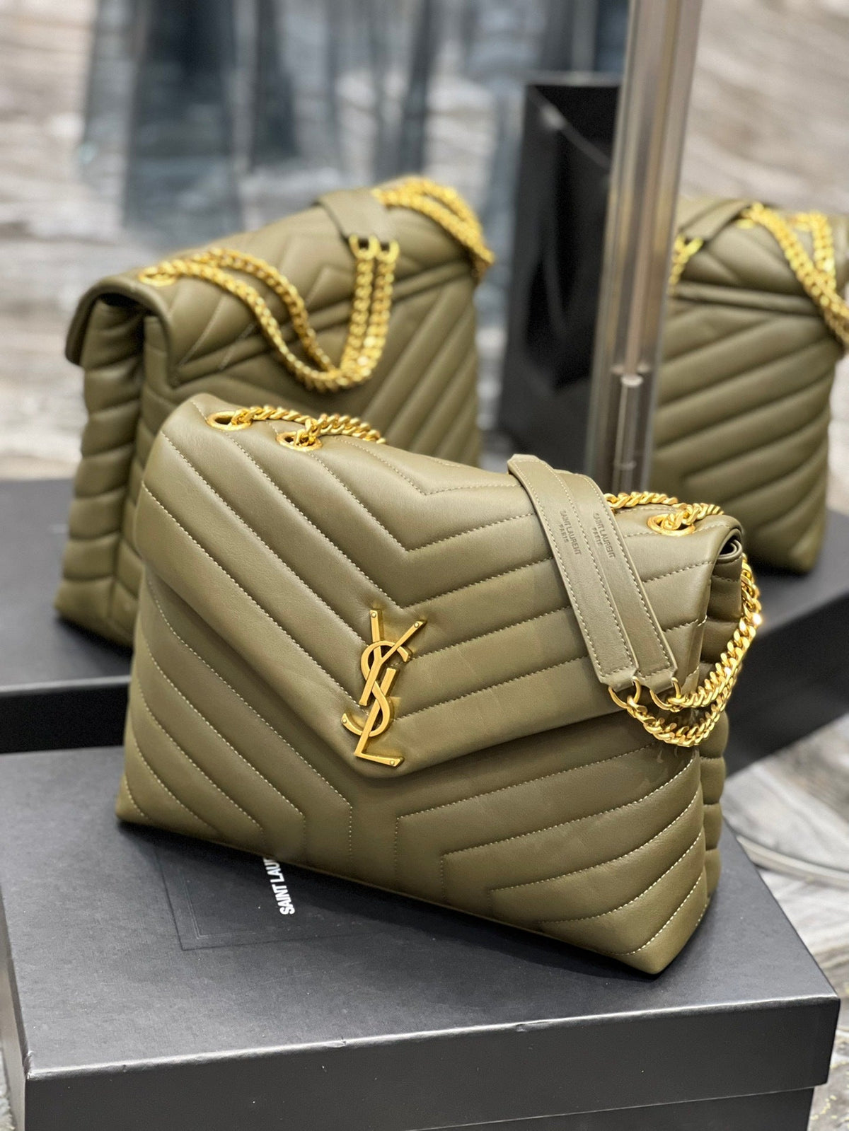 Saint Laurent LouLou Medium Bag Khaki – Front View with YSL Monogram