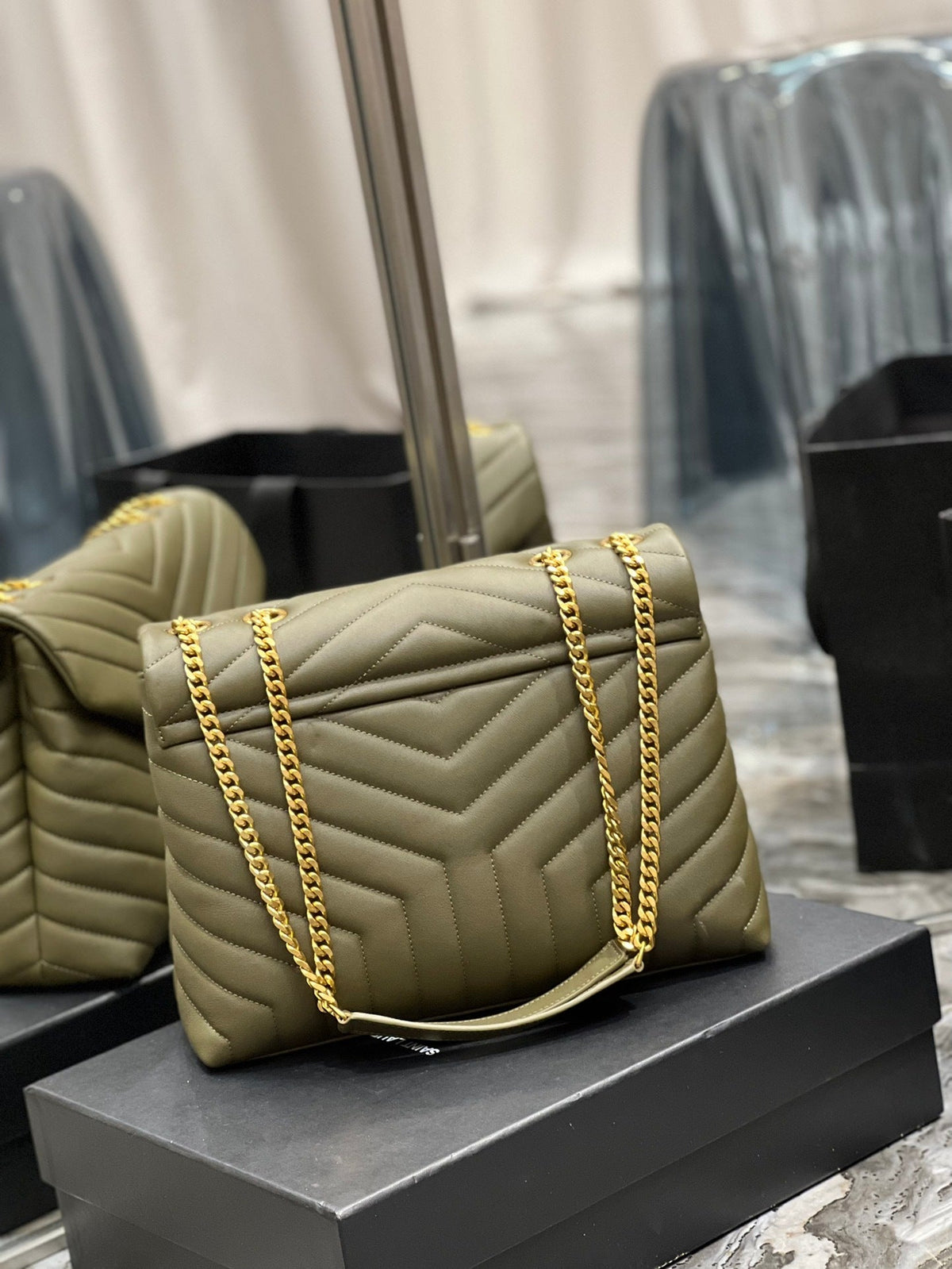 Saint Laurent LouLou Medium Bag Khaki – Full View with Gold Chain Strap