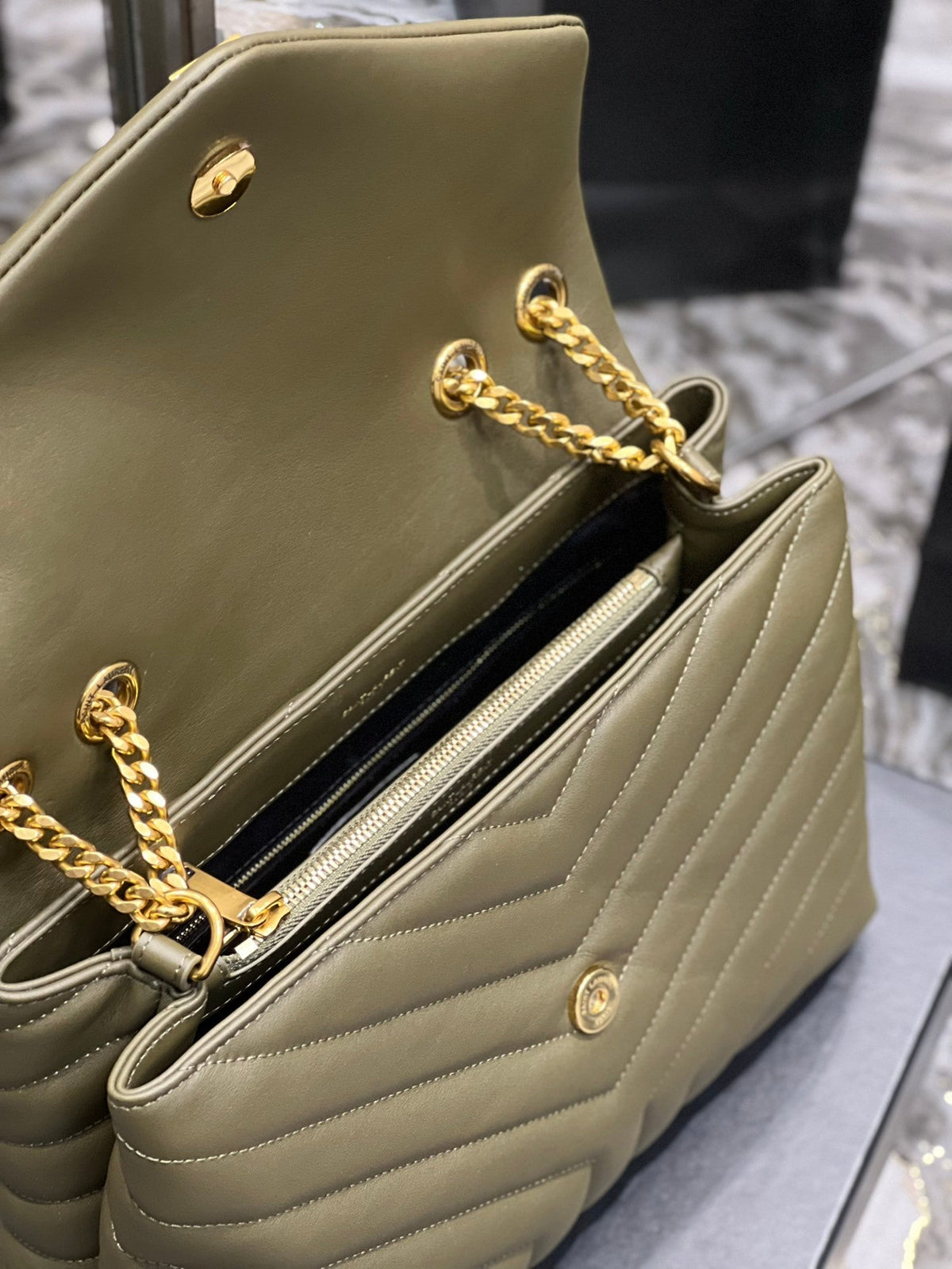 Saint Laurent LouLou Medium Bag Khaki – Interior View with Zip Pocket