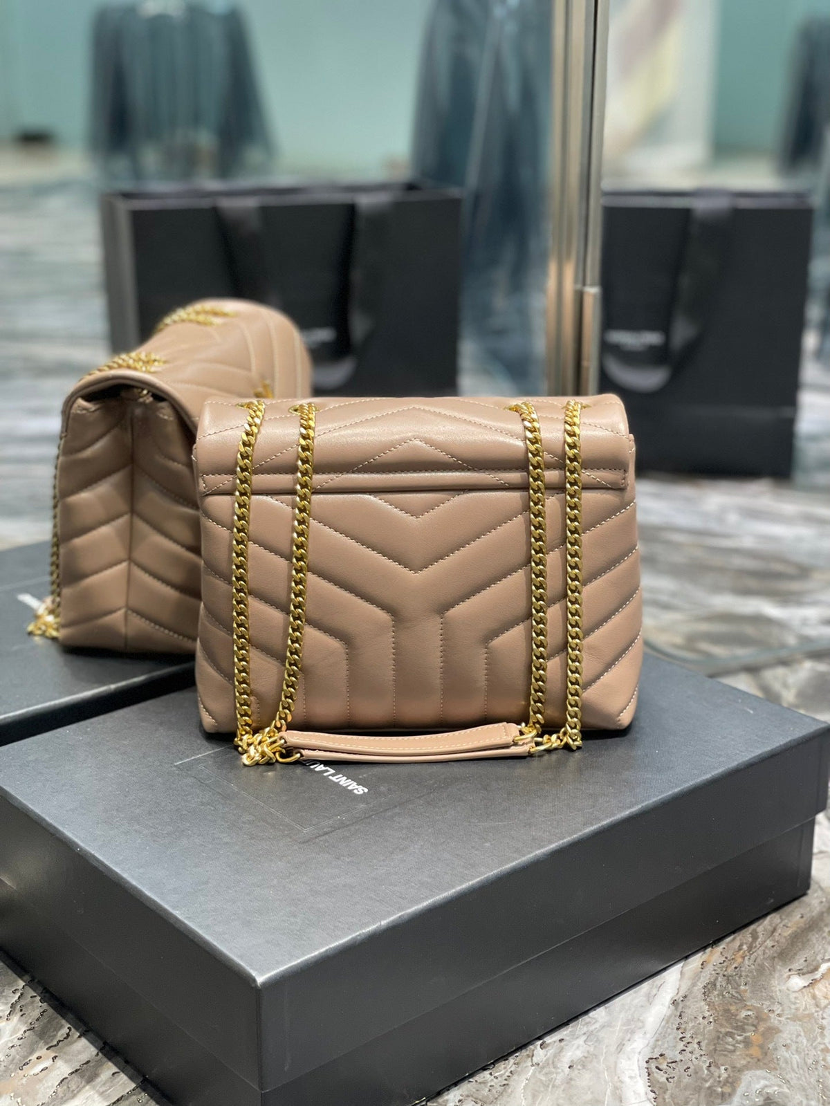 Saint Laurent LouLou small bag back view with Y-quilted pattern and gold chain strap