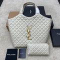 Saint Laurent Icare Maxi bag front view with oversized YSL gold hardware and matching pouch