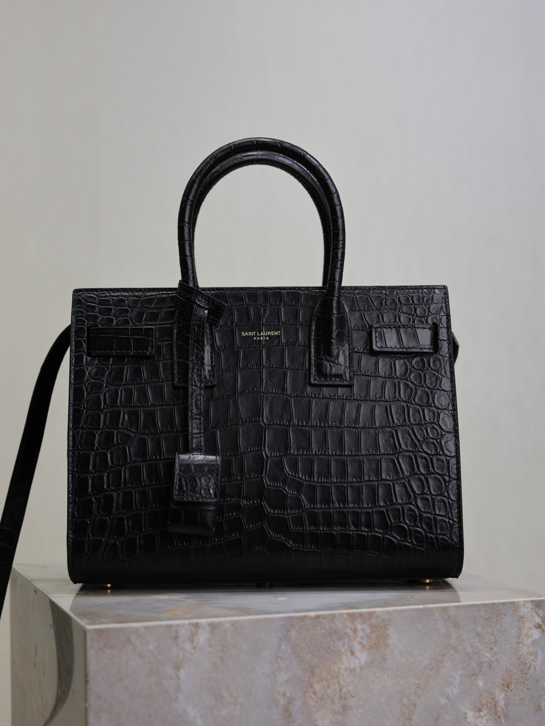 Saint Laurent Sac de Jour small black croc-embossed leather front view with shoulder strap