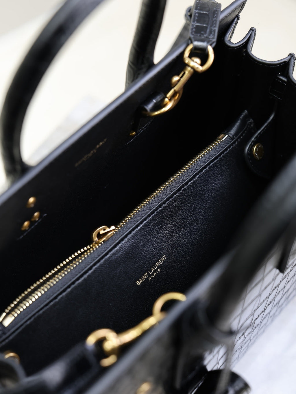 Saint Laurent Sac de Jour small black croc interior Saint Laurent Paris logo and zip detail