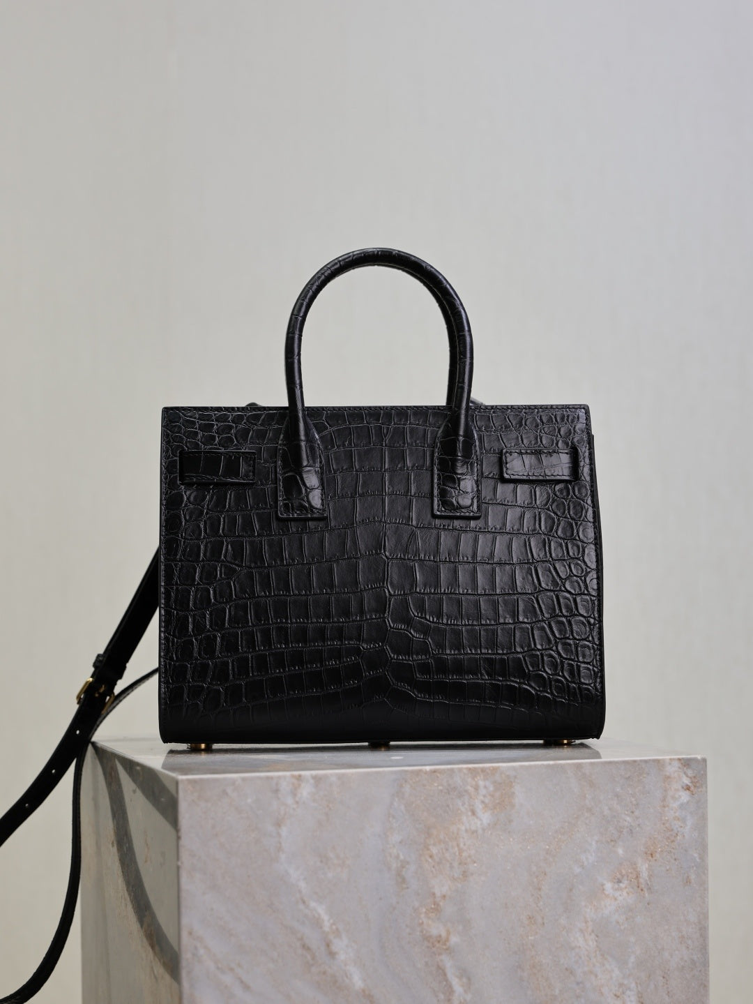 Saint Laurent Sac de Jour small black croc-embossed leather back view with shoulder strap